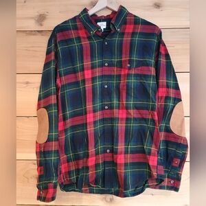 J Crew Shirt Slim Large Green Red Tartan Plaid Button Elbow Patch Flannel Wool
